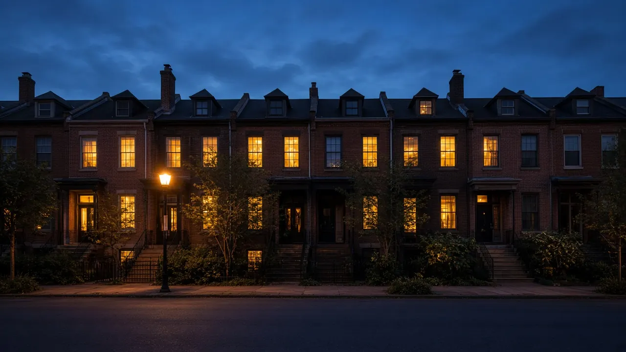 A row of brick houses at dusk with warm light in the front windows