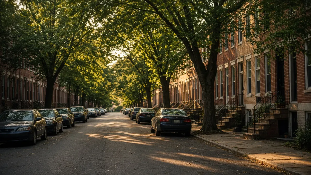 A tree-lined Baltimore residential street in late afternoon light
