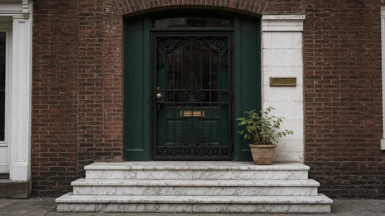 The front door of a Baltimore row house with white marble steps and a potted plant