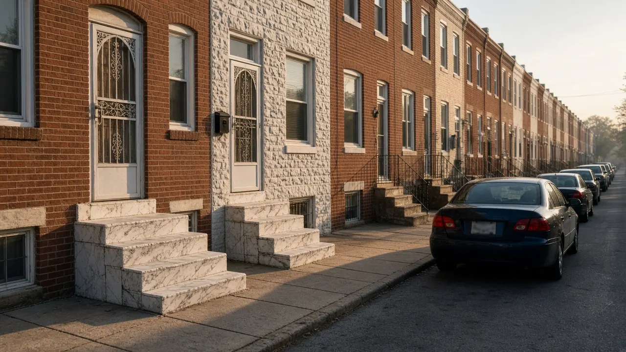 A block of Baltimore row houses with marble front steps in early morning light