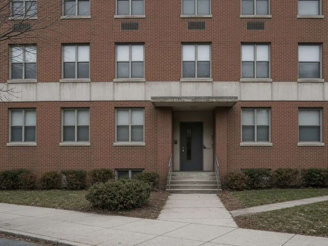 The entrance of a plain, well-maintained brick apartment building