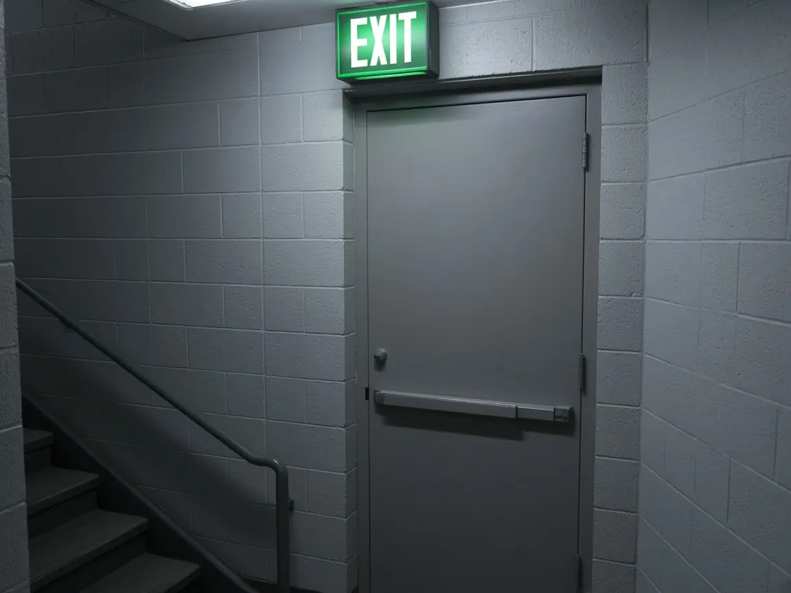 An illuminated exit sign above a stairwell door in a residential building