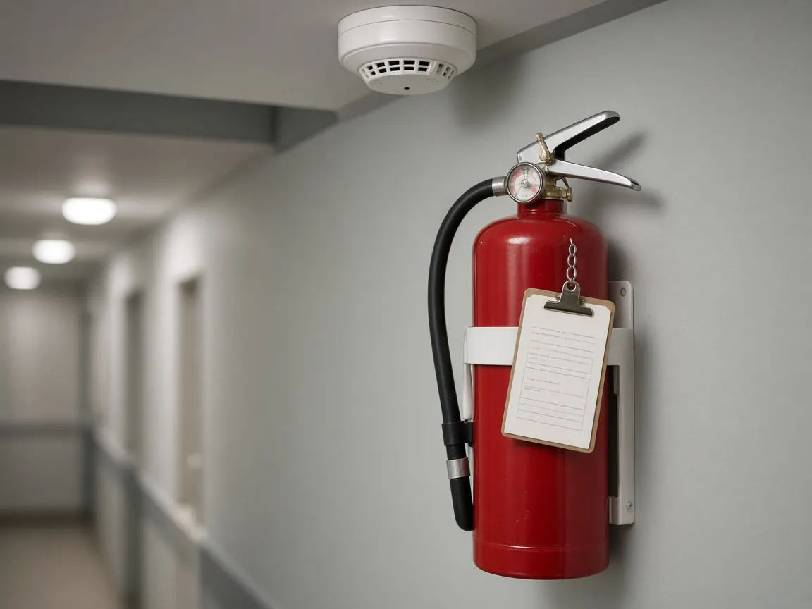 A fire extinguisher with an inspection tag and a ceiling smoke detector in a corridor