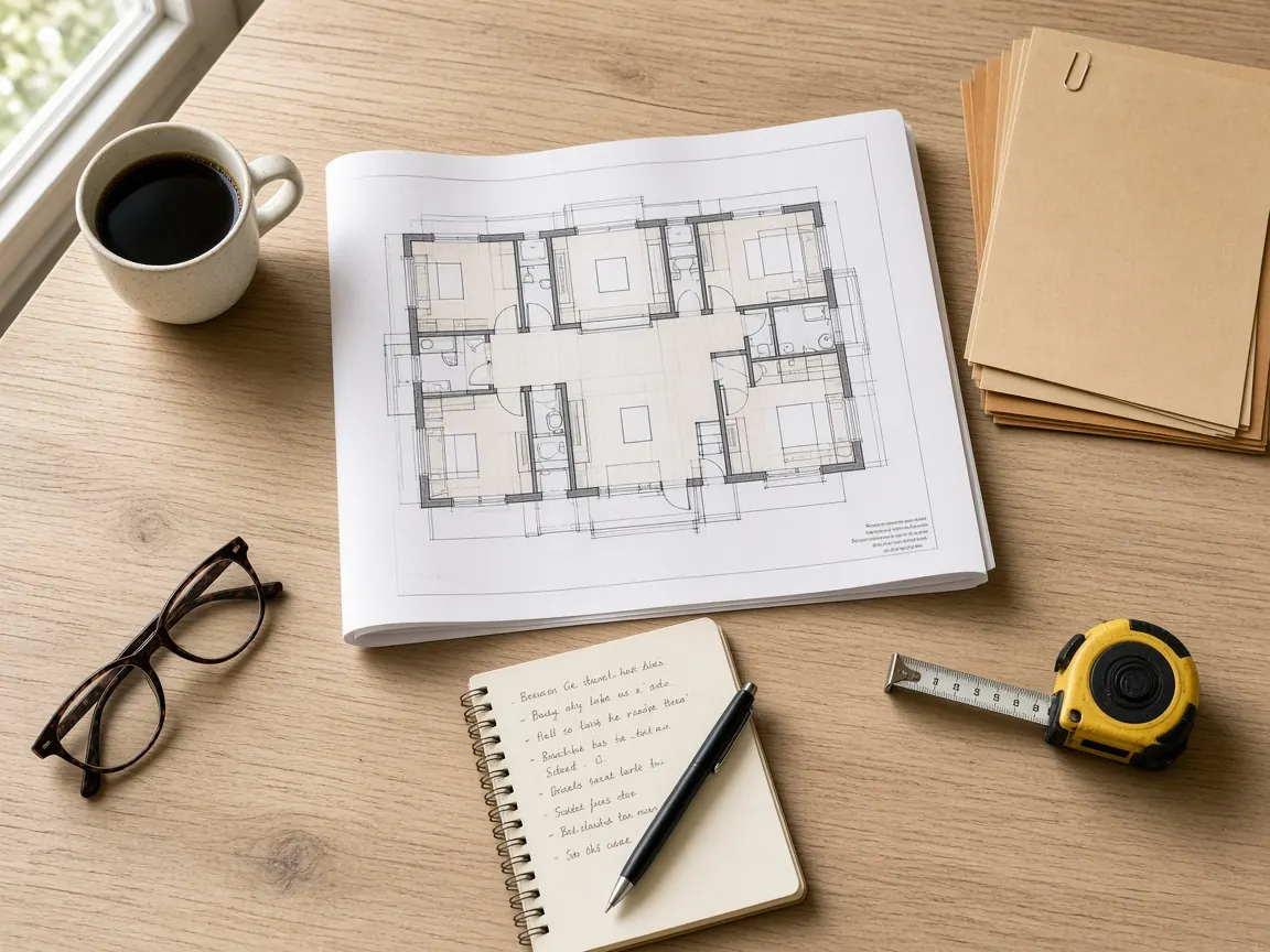 A desk with a residential floor plan, notebook, and planning materials