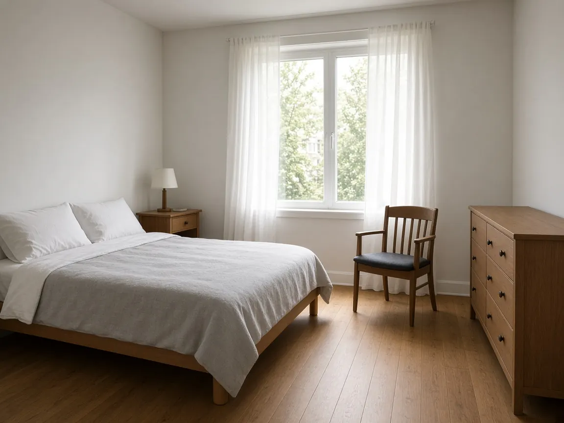 A tidy, sunlit bedroom in a community-based supportive housing home